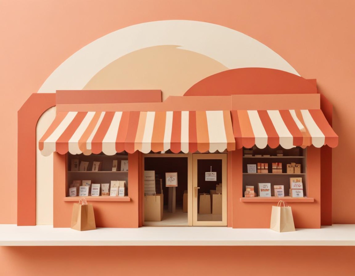 Ilustração em recortes de papel de uma loja com toldo listrado e sacolas de compras