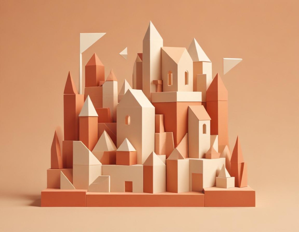 Ilustração em recortes de papel de blocos geométricos formando uma construção